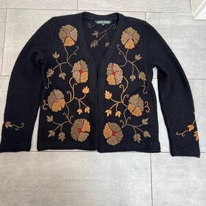 Floral Embroidered Black Cardigan w great colors! Very soft & cozy too! Unique!